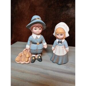 Vtg Cute Hand Painted Pilgrim Children Figurines Thanksgiving Harvest Corn Decor